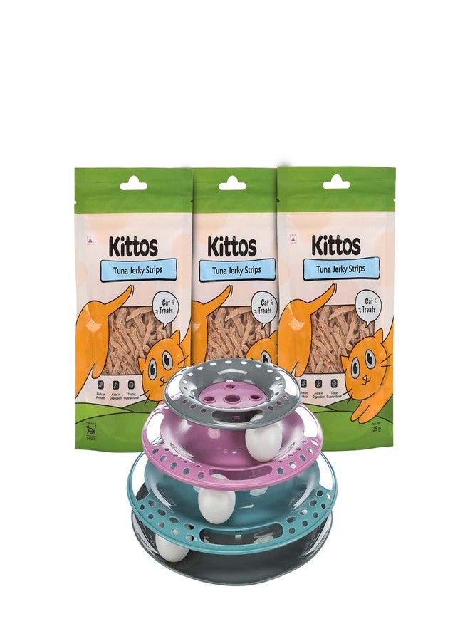 Trixie Combo: Trixie Circle Tower Catch Balls Toy (25×13 cm) + Kittos Tuna Jerky Strips Cat Treats (35g, Pack of 3) - Perfect for Developing Cat’s Agility - Image 1
